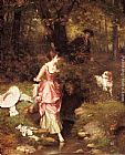 Famous Beauty Paintings - A Young Beauty Crossing a Brook with a Hunter Beyond
